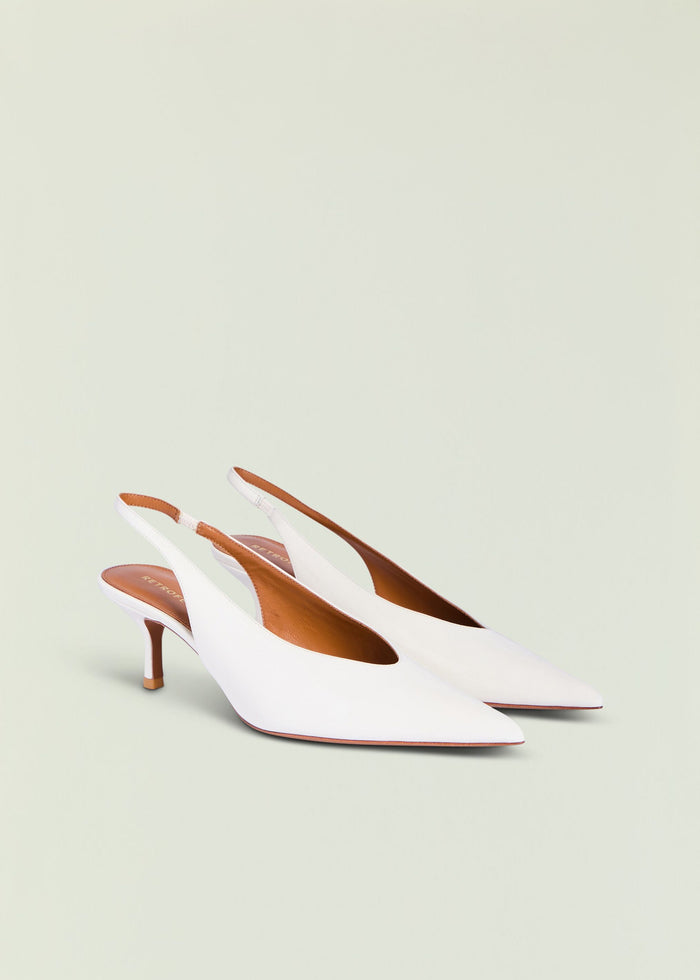 White Isobel Slingback Heel with pointed toe and tan leather insole