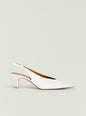 Isobel Slingback Heel in white with curved strap and slim stiletto against a pale backdrop. thumbnail image 1 of 4