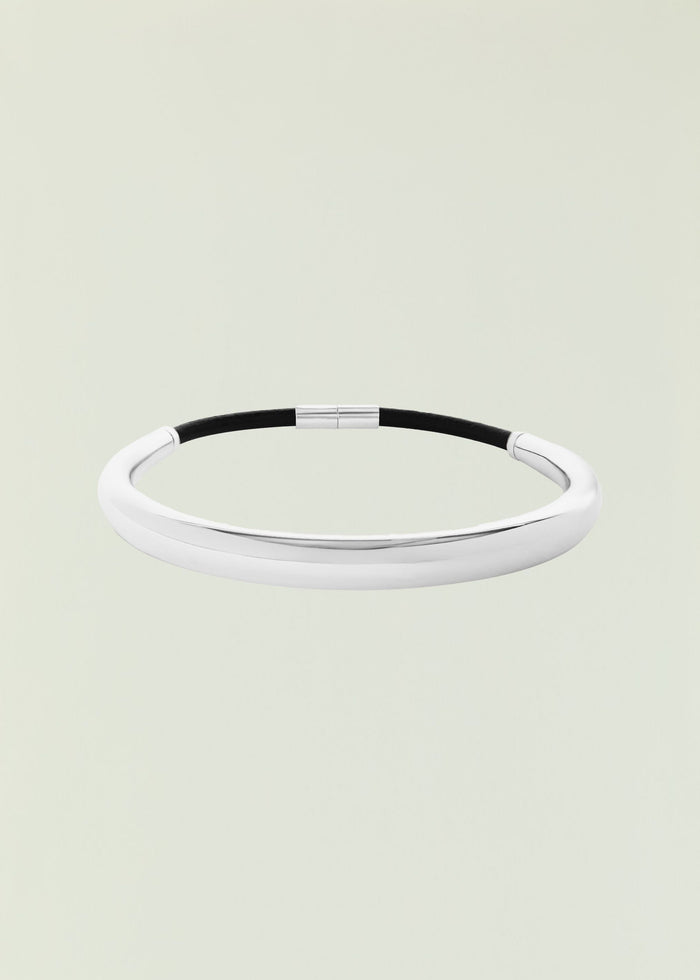 White Kate Choker with black leather cord and silver clasp