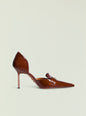 Brown glossy high heel with a pointed toe against a pale background thumbnail image 1 of 5