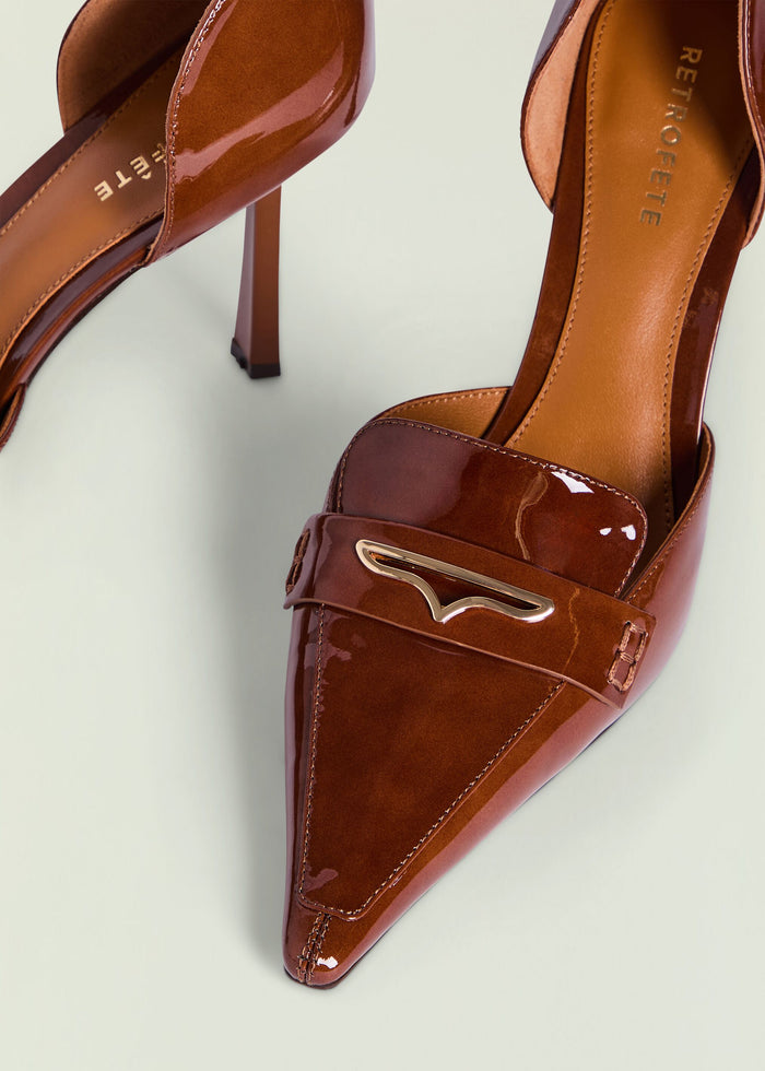 Brown patent Lida Loafer with gold toned decorative buckle across the vamp