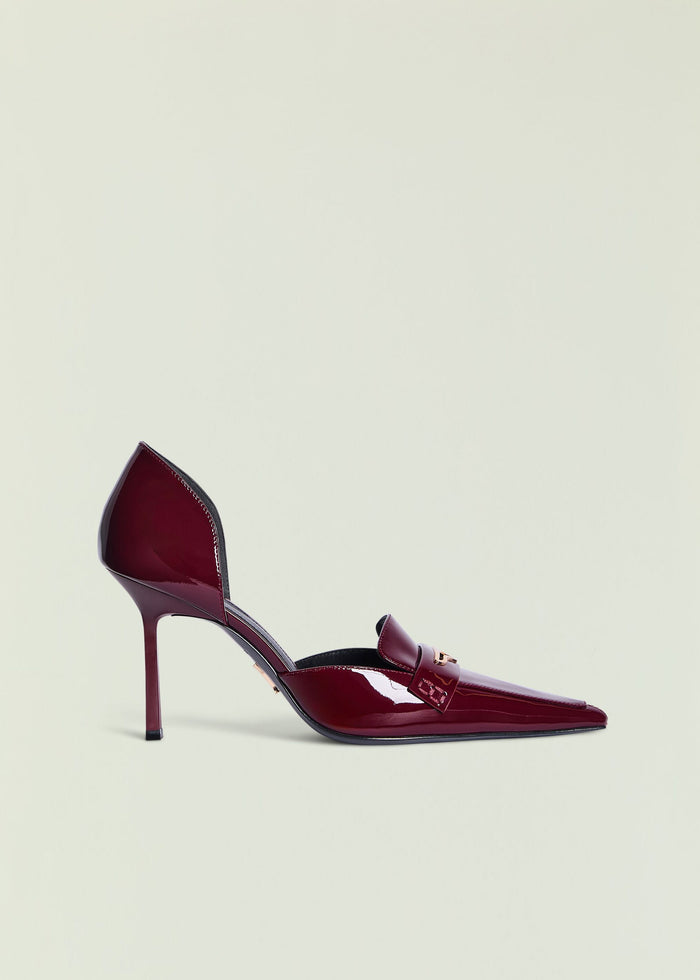 Burgundy patent pointed toe high heel pump with slender stiletto heel