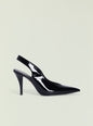 Black patent Maxime Slingback Heel with pointed toe and slender stiletto heel. thumbnail image 1 of 4