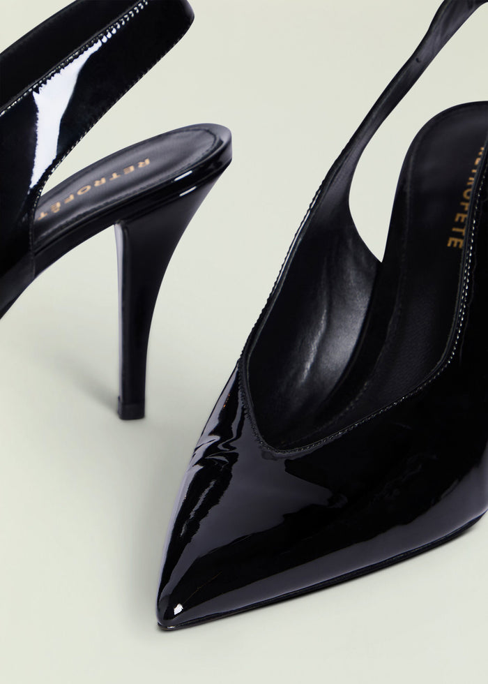 Maxime Slingback Heel in black patent leather with pointed toe and slender stiletto heel