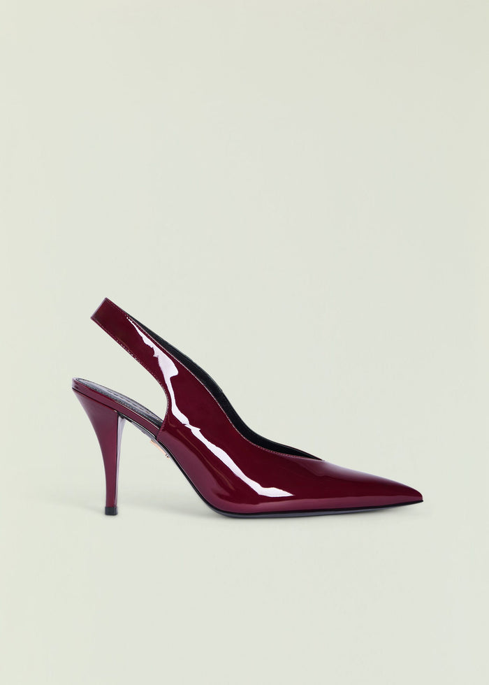 Maxime Slingback Heel in burgundy patent leather with pointed toe and slender stiletto heel