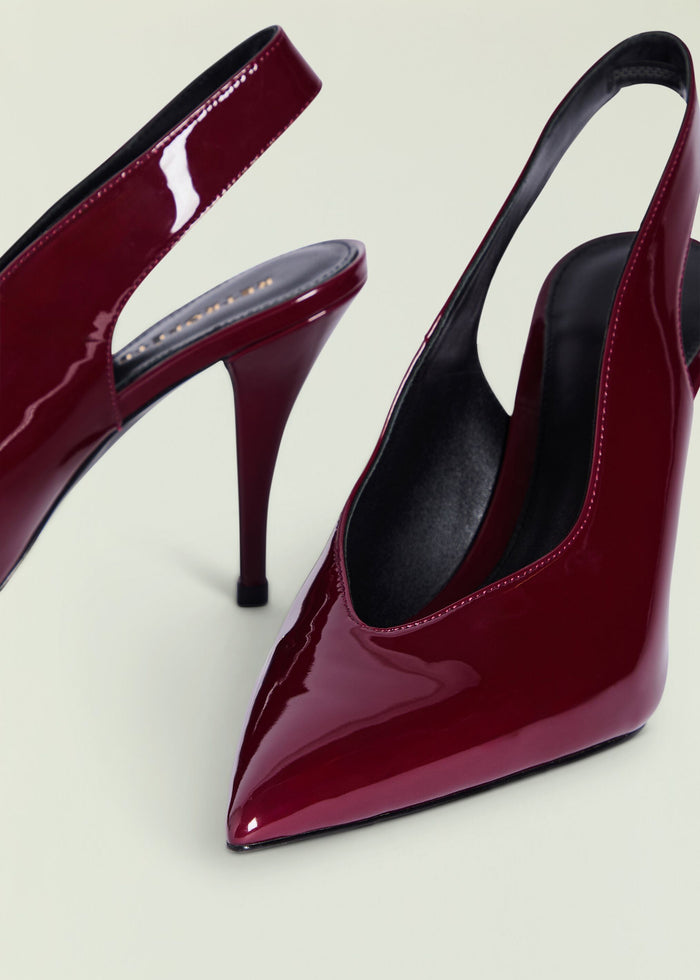 Maxime Slingback Heel in burgundy patent with pointed toe and slim stiletto heel