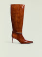 Sancia Boot brown patent knee high boot with pointed toe stiletto heel and ankle strap with gold ring thumbnail image 1 of 5