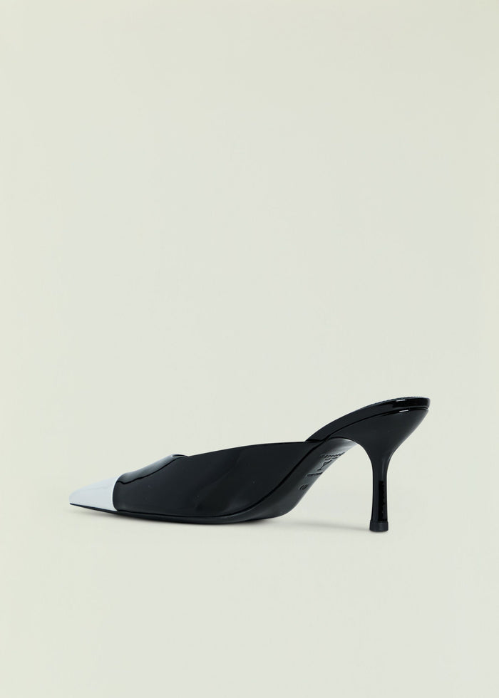 Allegra Leather Kitten Mule in black patent with white toe cap, angled view.