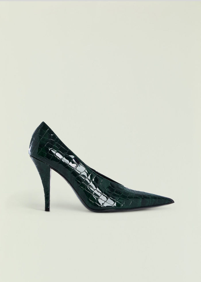 Corinna Leather Heel visible from the side in dark green crocodile-embossed leather with a pointed toe and slender stiletto heel