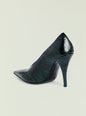 Corinna Leather Heel side view showing crocodile-embossed dark green leather and a pointed toe thumbnail image 3 of 4