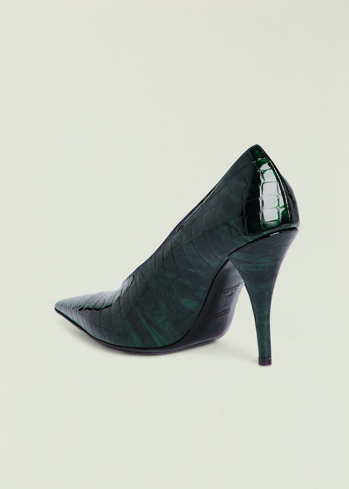 Corinna Leather Heel side view showing crocodile-embossed dark green leather and a pointed toe