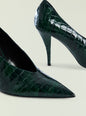 Dark green crocodile-embossed leather stiletto with a pointed toe thumbnail image 4 of 4