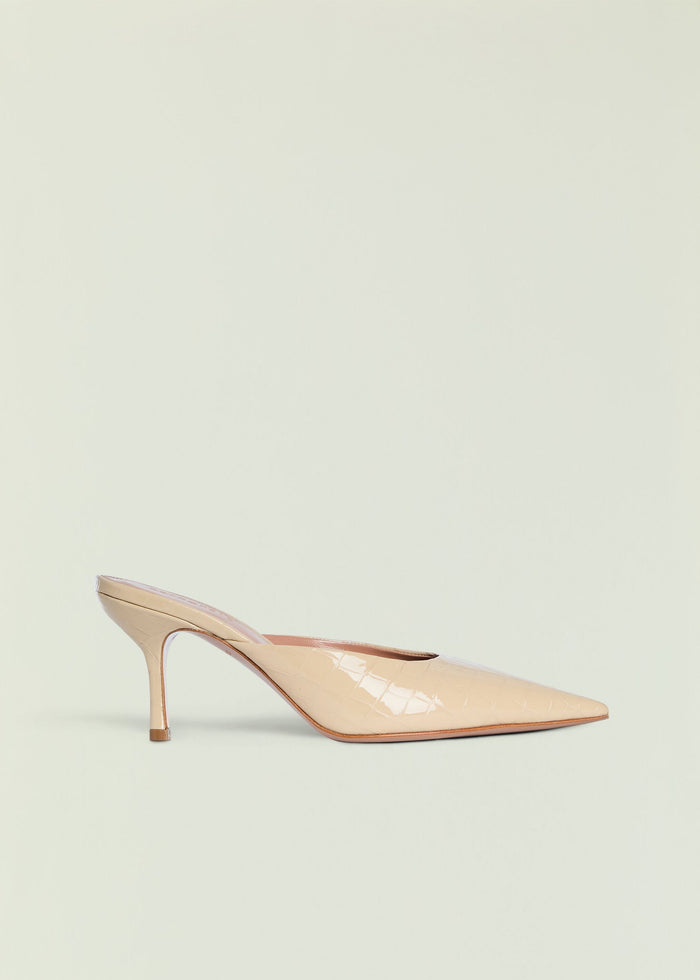 Francesca Leather Kitten Mule in nude crocodile-embossed patent leather with pointed toe and slim heel.