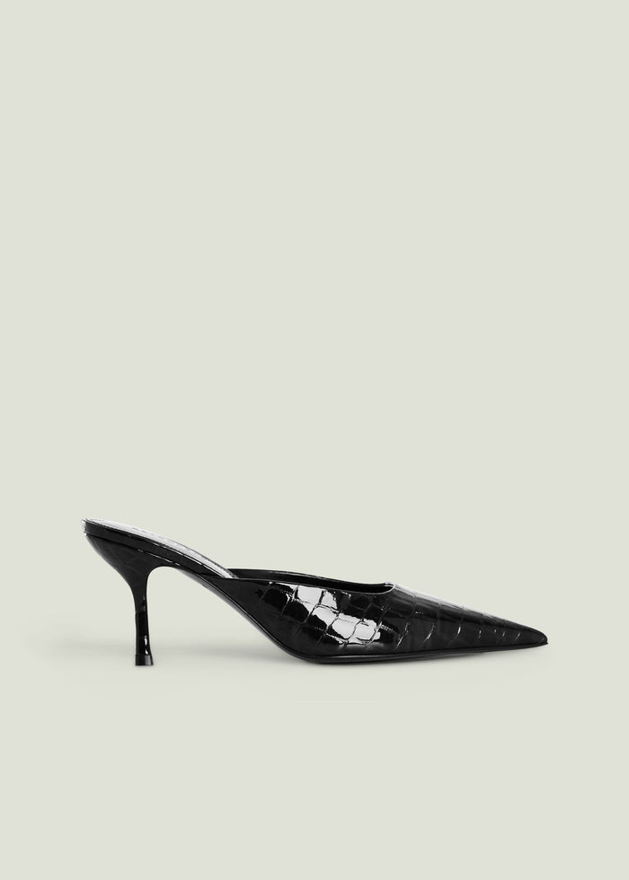Francesca Leather Kitten Mule with crocodile-embossed black upper and white toe cap.