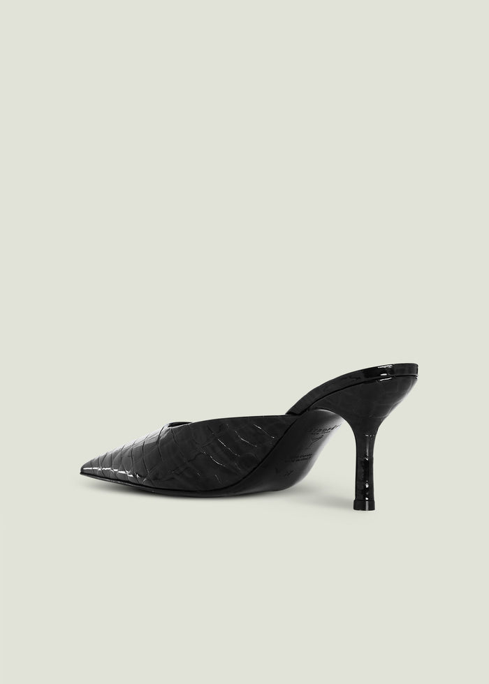 Black crocodile-embossed leather kitten mule with pointed toe and slim stiletto heel