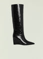 Natassa wedge boot in black crocodile-embossed leather with knee-high shaft. thumbnail image 1 of 5