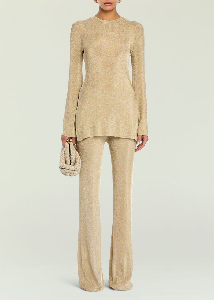 Front view of Ines Metallic Knit Top in champagne gold with matching knit pants