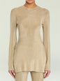 Gold metallic knit top on a model showcasing a shimmering knit texture. thumbnail image 1 of 5