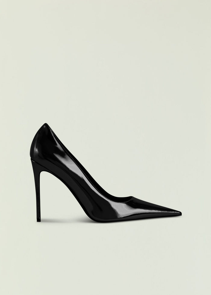 Black patent Jasmine Heel with a pointed toe and tall stiletto heel