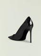 Close up of a black patent Jasmine Heel featuring a curved vamp and towering heel thumbnail image 3 of 4