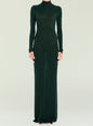 Kim Maxi Dress in dark green velvet with a high neck and long sleeves worn by a model. thumbnail image 1 of 5