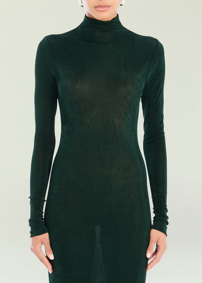 Close-up of the dark green velvet Kim Maxi Dress showing a high neck and fitted bodice.
