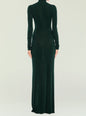 Back view of a dark green velvet Kim Maxi Dress with long sleeves and a floor-length silhouette. thumbnail image 4 of 5