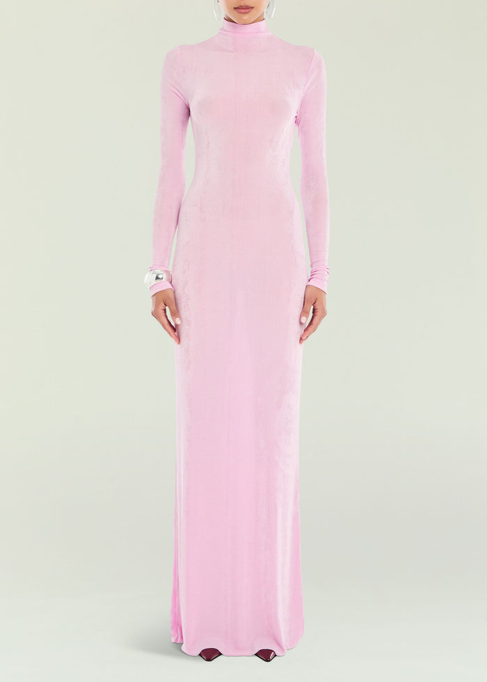 Front view of a pale pink velvet Kim Maxi Dress with a draped wrap front