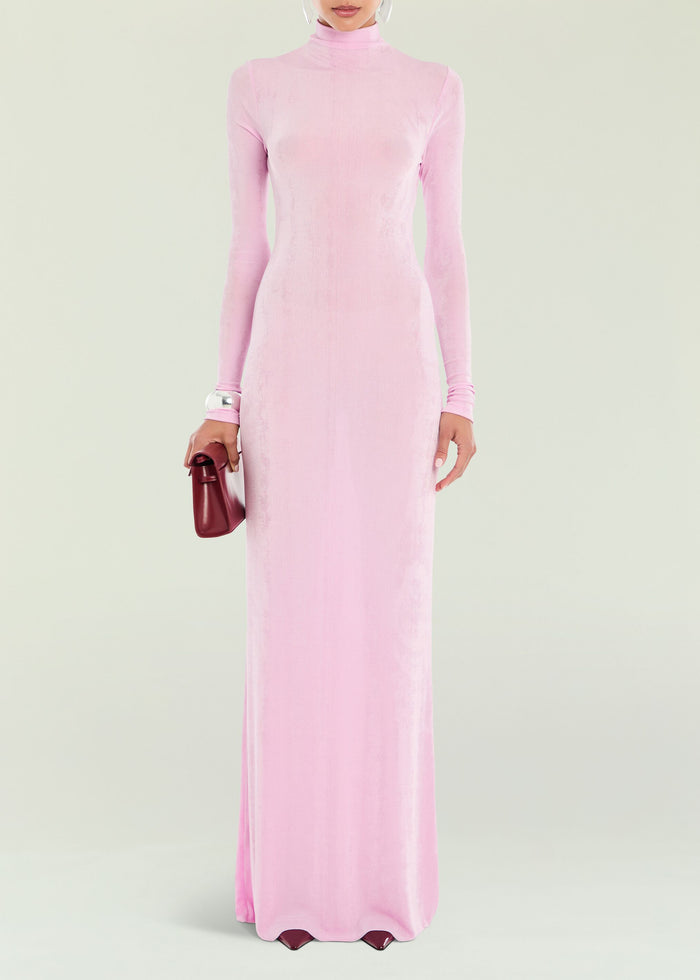 Kim Maxi Dress in soft pink velvet front view on model