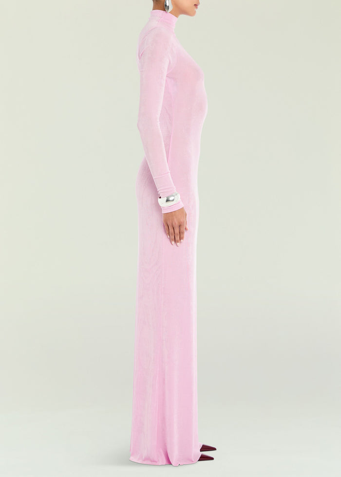 Kim Maxi Dress pink velvet side profile on model