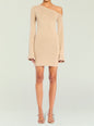 Front view of beige one-shoulder knit mini dress on a model thumbnail image 5 of 5