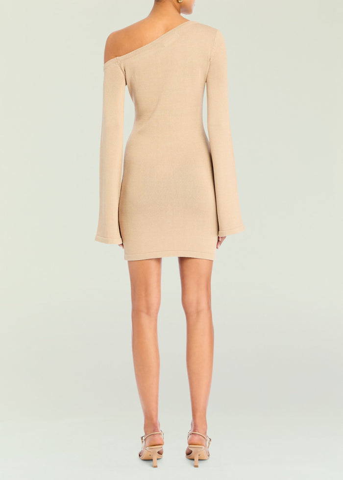 Back view of beige one-shoulder knit mini dress on a model