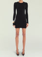 Black Lauren Mini Dress with long sleeves and crew neck on a model, accessorized with chunky metallic bracelets thumbnail image 1 of 5
