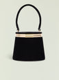 Lesla Case black velvet handbag with curved handle and gold frame open at the top. thumbnail image 3 of 4
