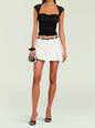 Black Lille Mesh Top with sheer fabric and ruched bust on a model thumbnail image 5 of 5