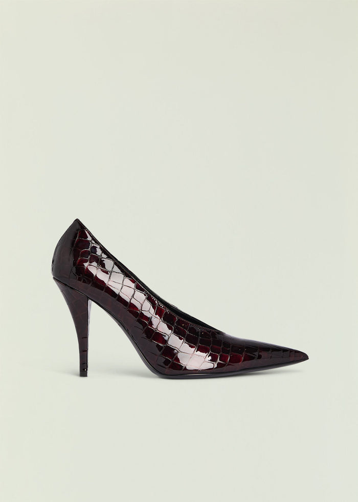 Maureen Leather Pump in glossy burgundy crocodile-embossed leather with a pointed toe and stiletto heel