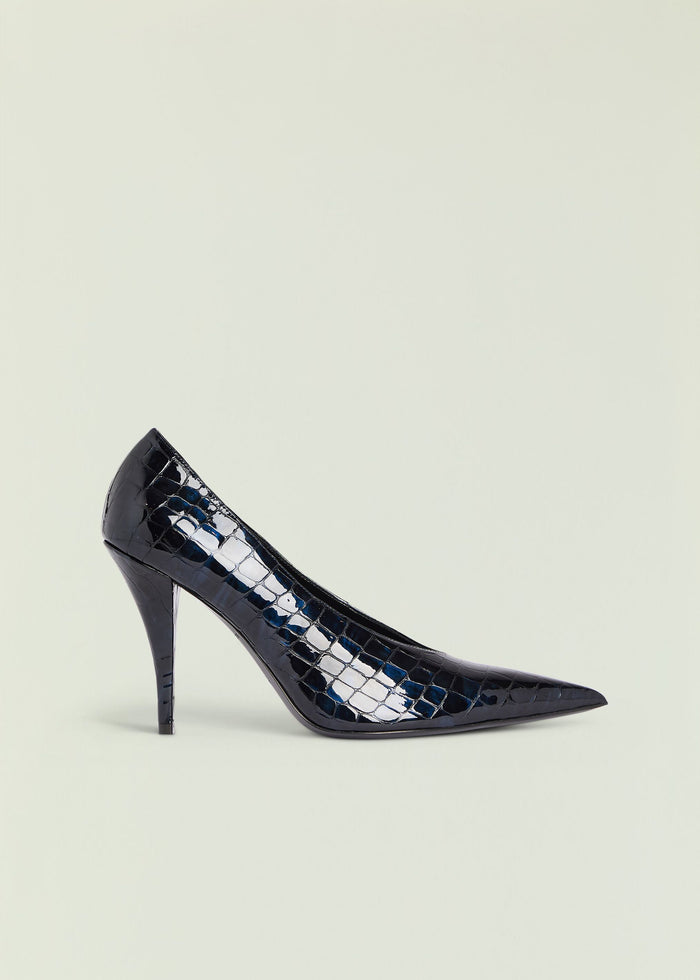 Single Maureen Leather Pump in black crocodile-embossed leather with a pointed toe.