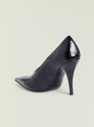 Side view of a black crocodile-embossed Maureen Leather Pump with a pointed toe. thumbnail image 3 of 5