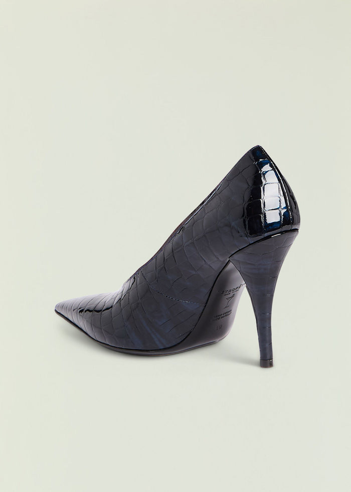 Side view of a black crocodile-embossed Maureen Leather Pump with a pointed toe.