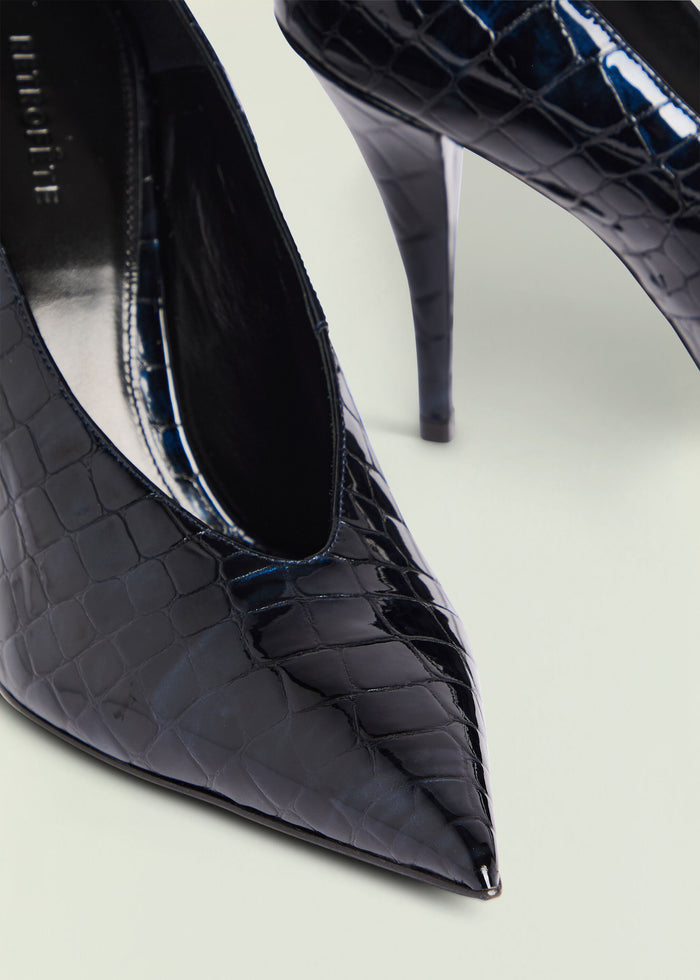 Close-up of Maureen Leather Pump showing glossy crocodile-embossed black leather and pointed toe.