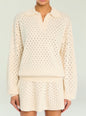 Cream Mica Pointelle Knit Pullover with a collared neckline and relaxed fit. thumbnail image 1 of 5
