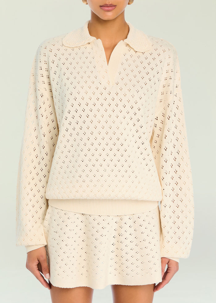 Cream Mica Pointelle Knit Pullover with a collared neckline and relaxed fit.