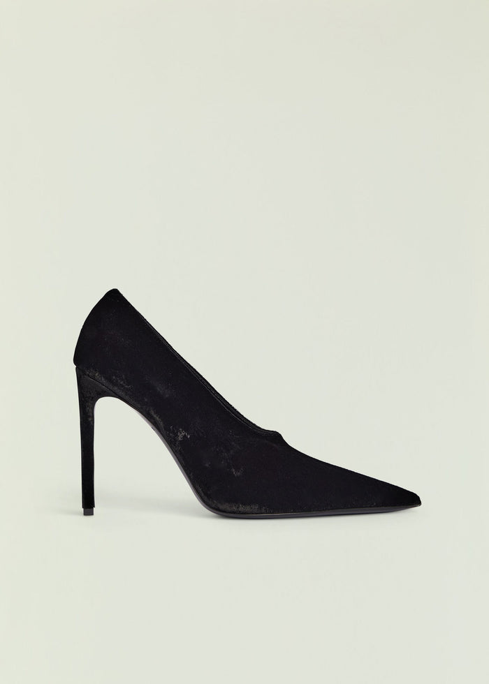 Mollie Velvet Pump in black velvet with pointed toe and high stiletto heel.