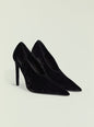 Black velvet Mollie Pump shown from the front with a sharp pointed toe thumbnail image 5 of 5