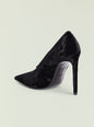 Black velvet Mollie Pump with a pointed toe and tall stiletto heel in a side view thumbnail image 3 of 5