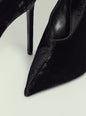 Close up of black velvet Mollie Pump showing the tall stiletto heel and inner edge thumbnail image 4 of 5