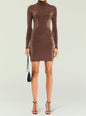 Brown velvet mock neck long sleeve mini dress worn by a model facing forward thumbnail image 1 of 5