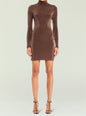Front view of the Nara Mini Dress in brown velvet on a model with a fitted silhouette and a turtleneck. thumbnail image 5 of 5