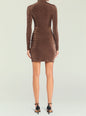 Back view of the Nara Mini Dress in brown velvet on a model with long sleeves and a turtleneck. thumbnail image 4 of 5