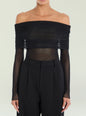 Rosa Top off shoulder black ruched bodice with sheer long sleeves on the model thumbnail image 1 of 5